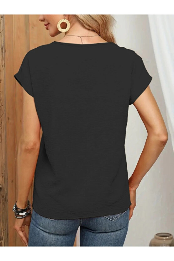 Kadın Kısa Kollu önü Düğmeli V Yaka Aerobin Bluz