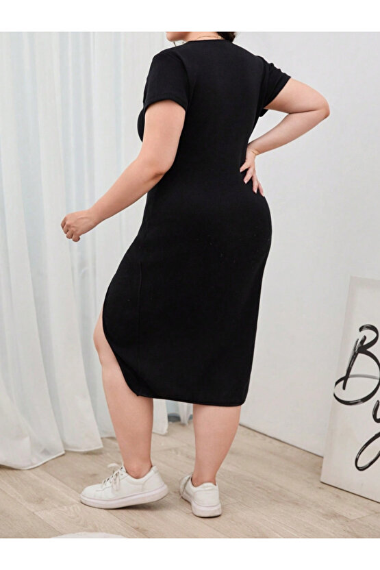 Kadın Büyük Beden Kısa Kollu Yanı Yırtmaçlı Bisiklet Yaka Viskon Elbise