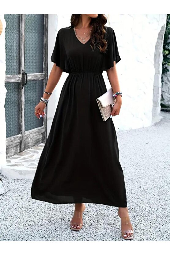 Kadın Kısa Kollu V Yakalı Beli Lastikli Uzun Viskon Elbise