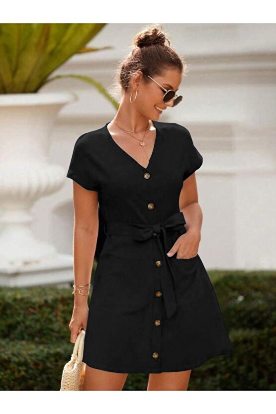 Kadın Kısa Kollu V Yakalı önden Düğmeli Belden Kuşaklı Cepli Sofya Elbise