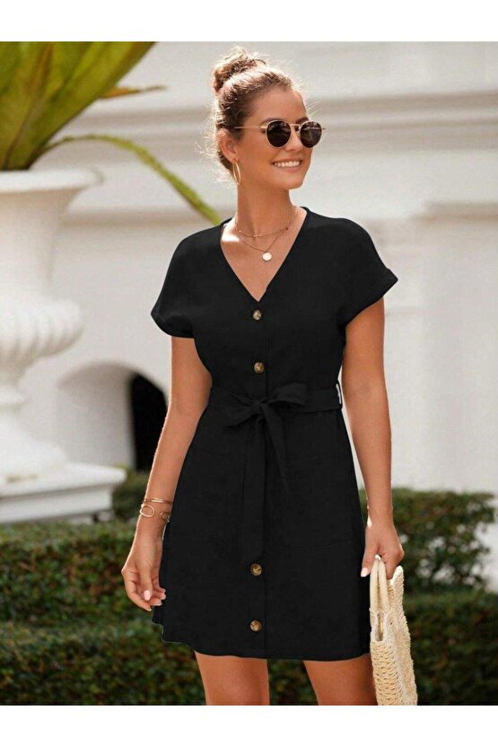 Kadın Kısa Kollu V Yakalı önden Düğmeli Belden Kuşaklı Cepli Sofya Elbise