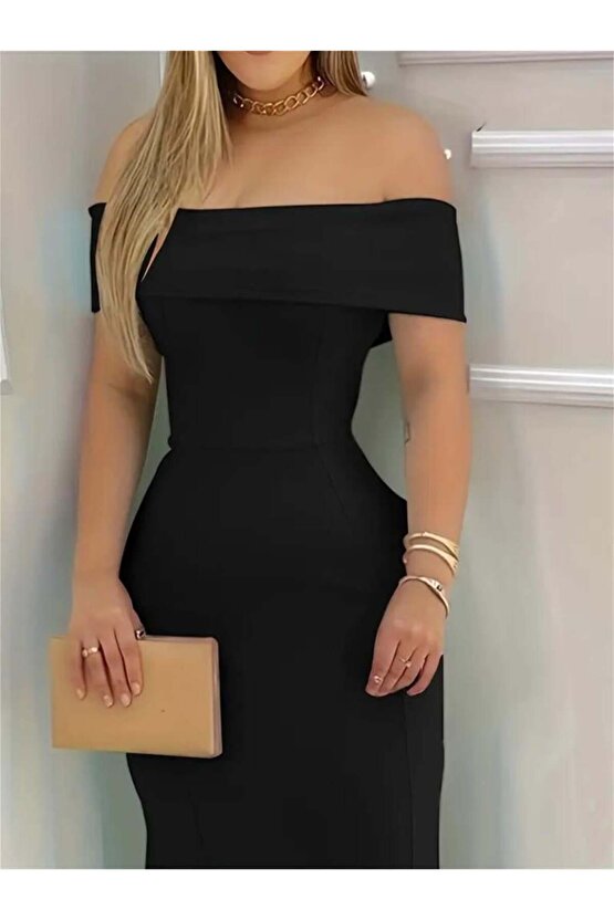 Kadın Kısa Kollu Madonna Yaka Belden Oturtmalı Uzun Ithal Krep Elbise