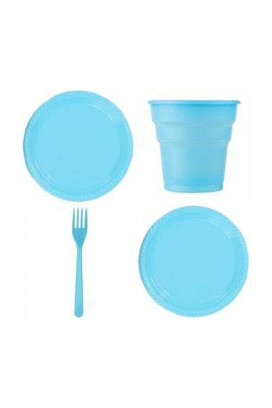 Mavi Renk 25 Li Plastik Bardak+catal+tabak