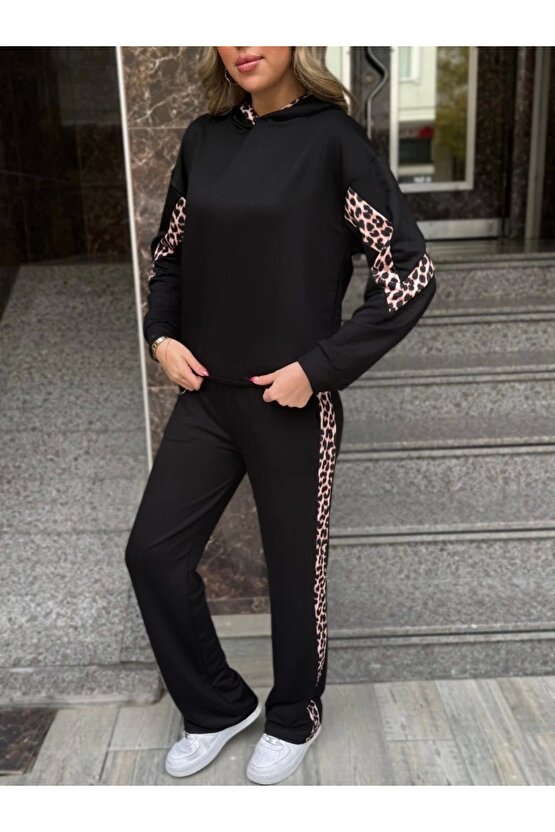 Kadın Kapüşonlu Leopar Detay Sweat Ve Yüksek Bel Yanları Leopar şeritli Bol Paça Pantolon Ikili Takı