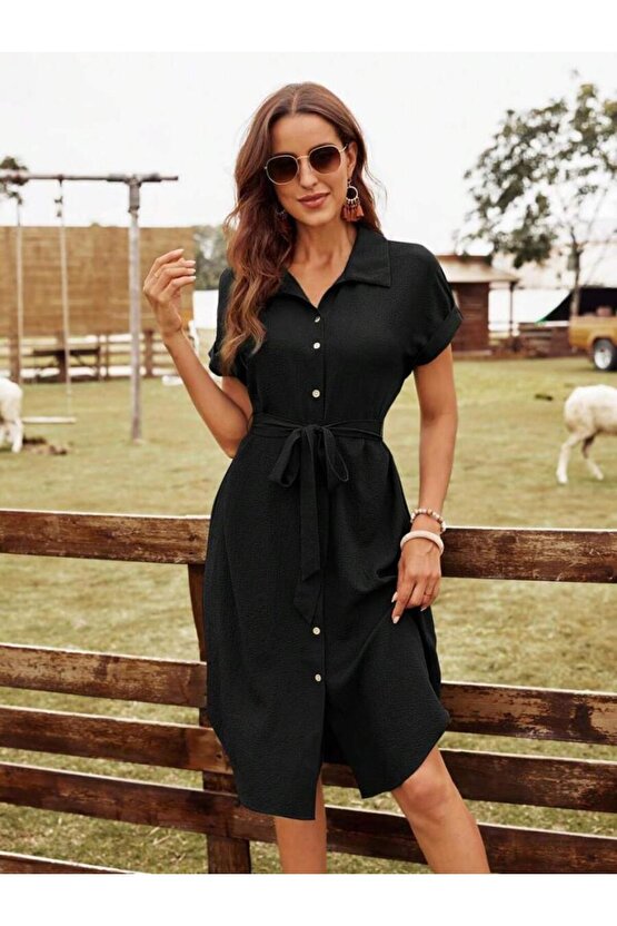 Kadın Kısa Kollu Yakalı önden Düğmeli Beli Kuşaklı Bürümcük Elbise