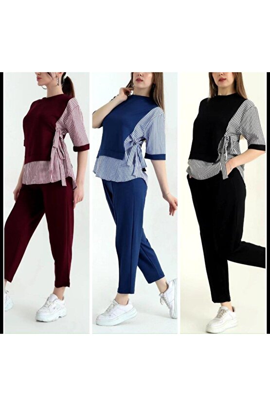 Kadın Kristal 2 Iplik Kumaş Yanları çizgili Takım