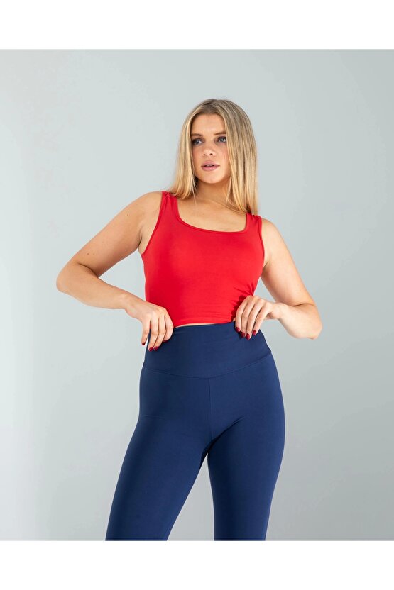 Kırmızı Kare Yaka Basic Bluz