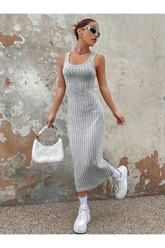 Kadın Kalın Askılı Kare Yaka Fitilli Kaşkorse Midi Boy Elbise