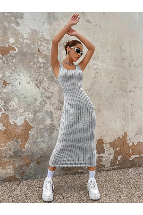 Kadın Kalın Askılı Kare Yaka Fitilli Kaşkorse Midi Boy Elbise