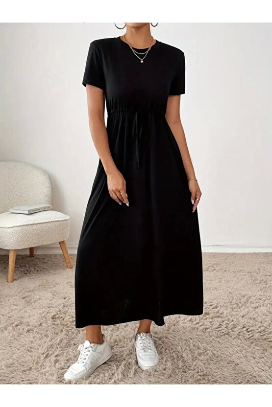 Kadın Kısa Kollu Bisiklet Yaka Belden Bağcıklı Cepli Viskon Elbise