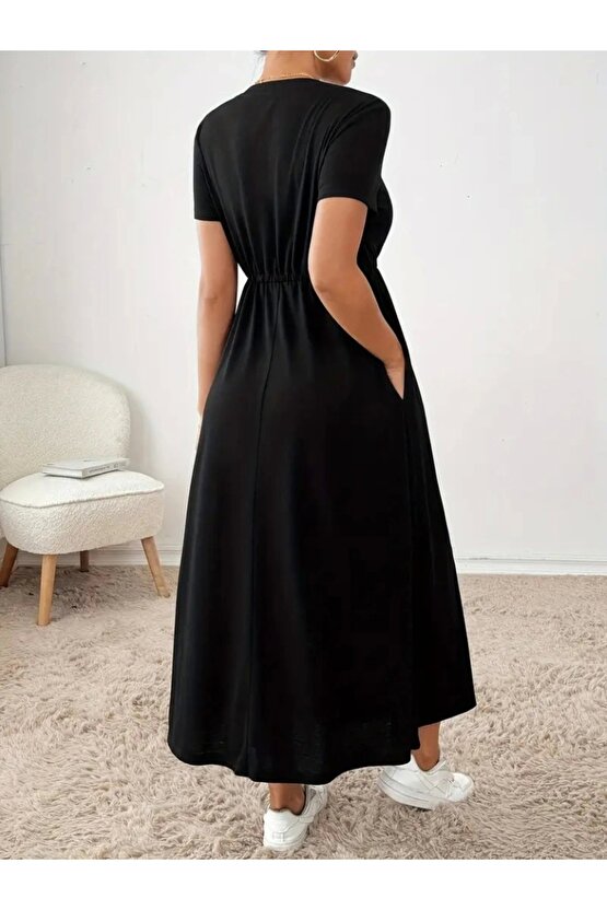 Kadın Kısa Kollu Bisiklet Yaka Belden Bağcıklı Cepli Viskon Elbise