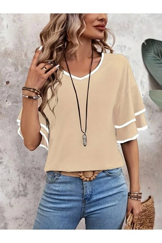 Kadın Kısa Kollu V Yakalı Viskon Bluz