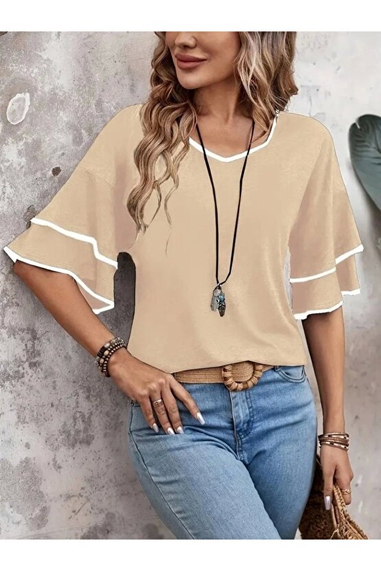 Kadın Kısa Kollu V Yakalı Viskon Bluz