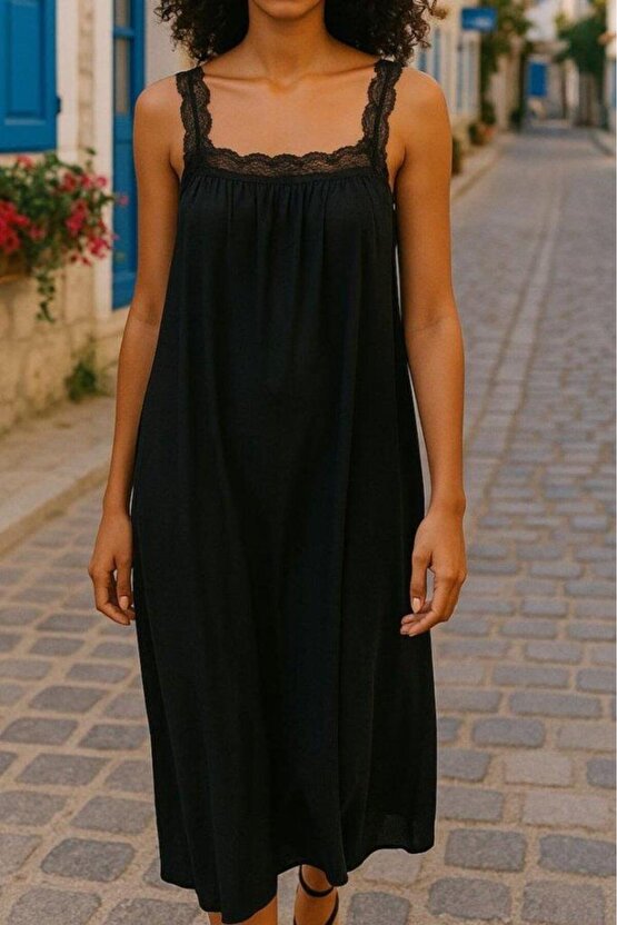 Kadın Dantel Askılı Kare Yakalı Uzun Viskon Elbise