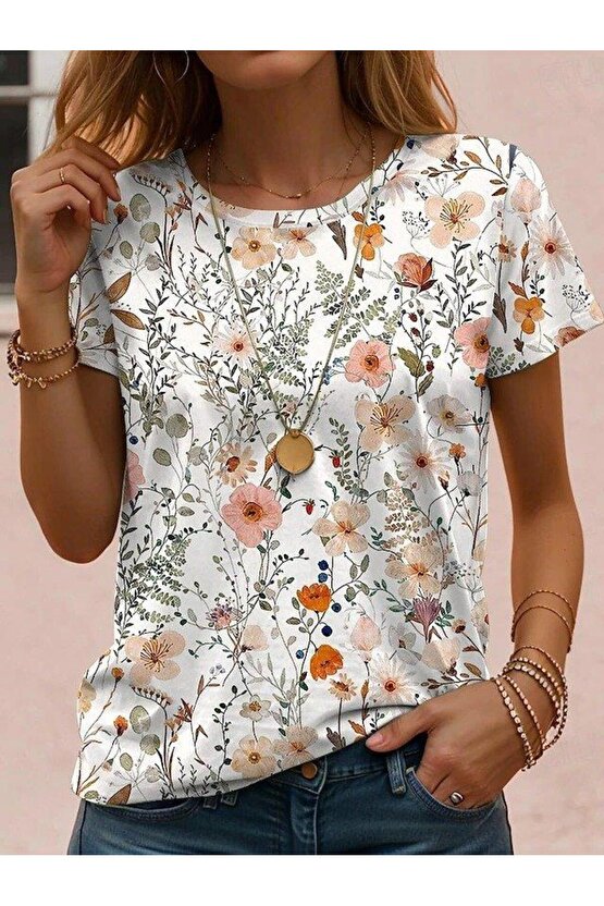 Kadın Kısa Kollu Bisiklet Yaka çiçek Desenli Viskon Bluz