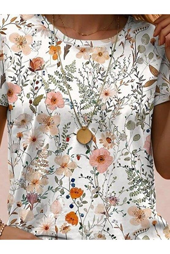Kadın Kısa Kollu Bisiklet Yaka çiçek Desenli Viskon Bluz