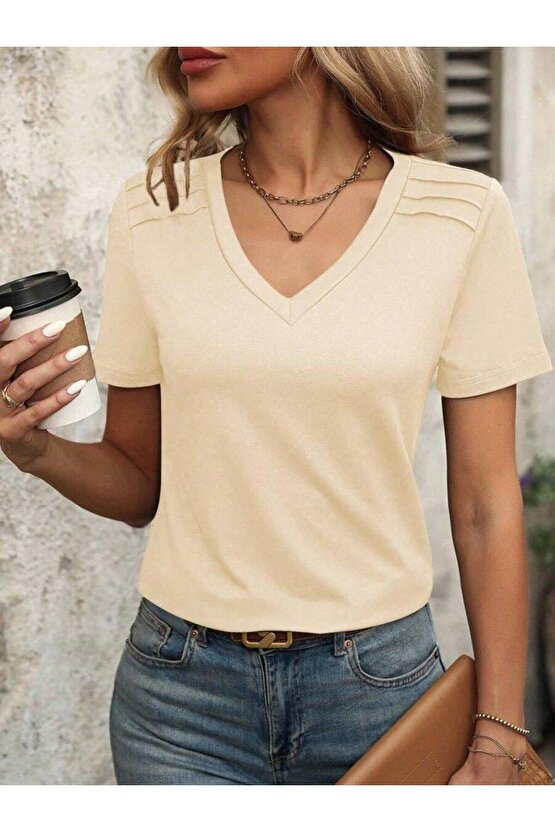 Kadın Kollu V Yakalı Omuzlarda çizgi Detaylı Viskon Bluz