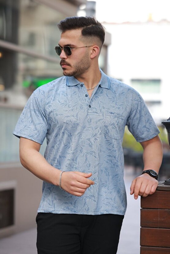 Erkek Yakalı Jakar Baskılı Kısa Kollu T-shirt