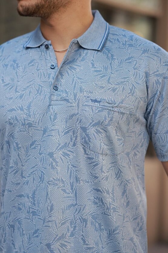 Erkek Yakalı Jakar Baskılı Kısa Kollu T-shirt