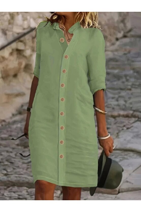 Kadın Kısa Kollu Hakim Yaka önden Düğmeli Kısa Müslim Elbise