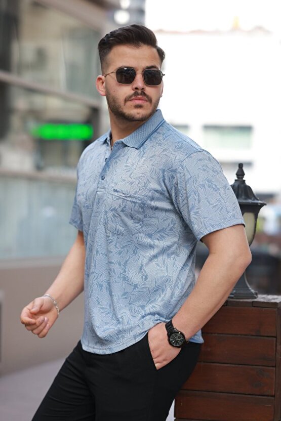 Erkek Yakalı Jakar Baskılı Kısa Kollu T-shirt