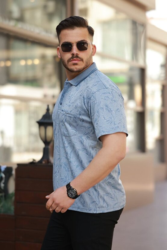 Erkek Yakalı Jakar Baskılı Kısa Kollu T-shirt