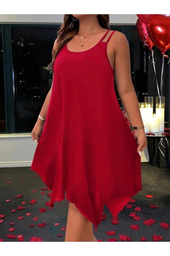 Kadın Askılı Yuvarlak Asimetrik Kesim Detaylı Viskon Elbise