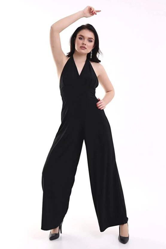 Kadın V YakaSırt Dekolteli Geniş Paça Sandy Kumaş Fırsat Ürün Tulum