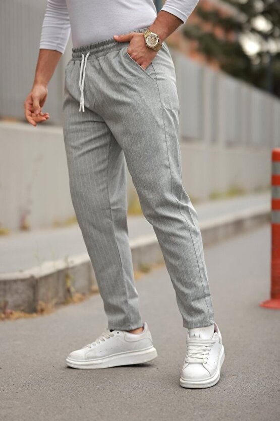 Gökyüzü Moda Erkek Beli Bağcıklı çizgili Pantolon