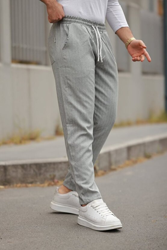 Gökyüzü Moda Erkek Beli Bağcıklı çizgili Pantolon