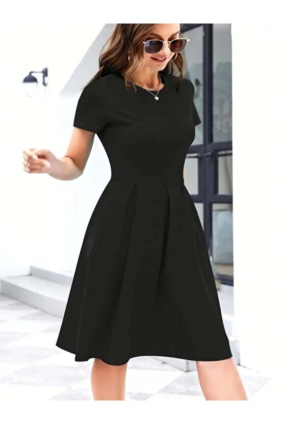 Kadın Kısa Kollu Bisiklet Yaka önden Pile Detaylı Janjan Krep Elbise