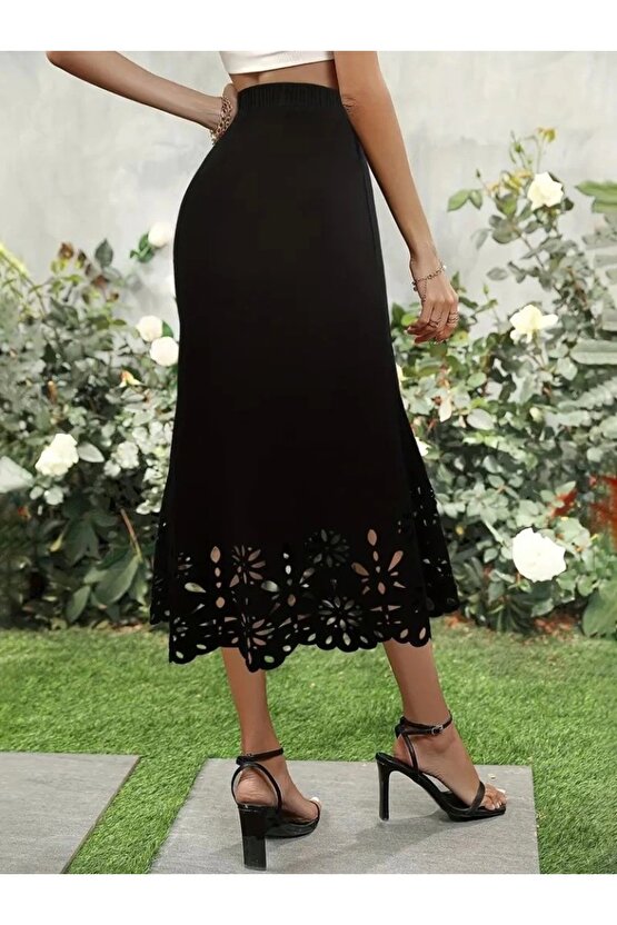 Kadın Yüksek Bel Lazer Kesim Detaylı Midi Ithal Krep Etek