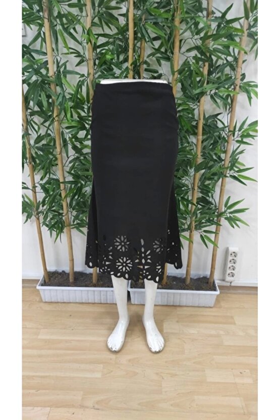 Kadın Yüksek Bel Lazer Kesim Detaylı Midi Ithal Krep Etek