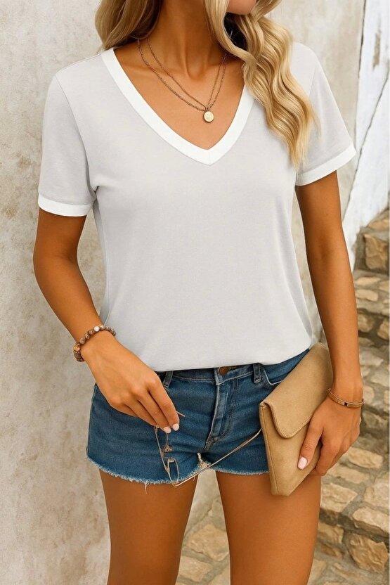 Kadın Kısa Kollu V Yakalı Viskon Bluz
