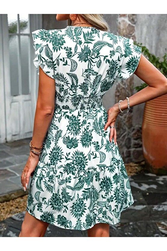 Kadın Kısa Fırfır Kollu Kruvaze Yaka çiçekli Atlas Elbise
