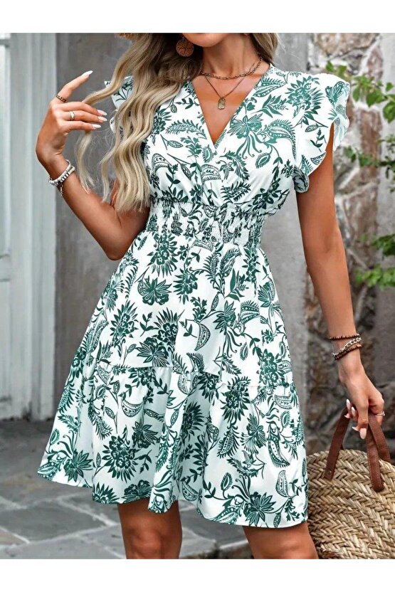 Kadın Kısa Fırfır Kollu Kruvaze Yaka çiçekli Atlas Elbise