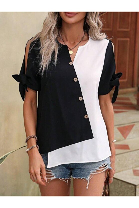 Kadın Kısa Kollu Kollardan Bağlamalı önden Asimetrik Kesim çift Renk Detaylı Düğmeli Ithal Krep Bluz