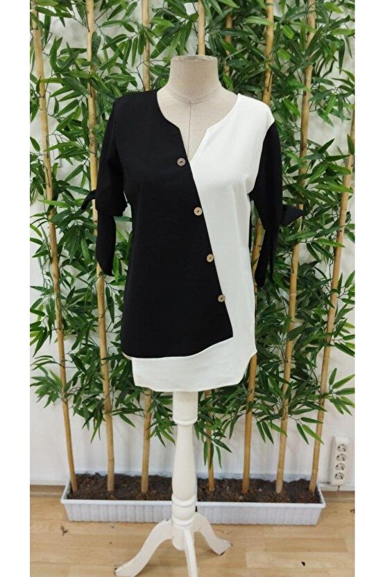 Kadın Kısa Kollu Kollardan Bağlamalı önden Asimetrik Kesim çift Renk Detaylı Düğmeli Ithal Krep Bluz