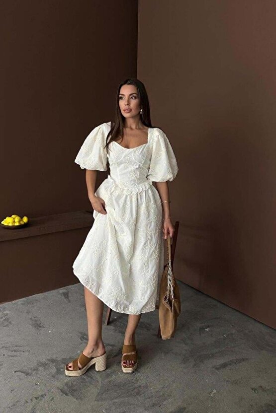 Ekru Balon Kollu Dantelli Brode Elbise