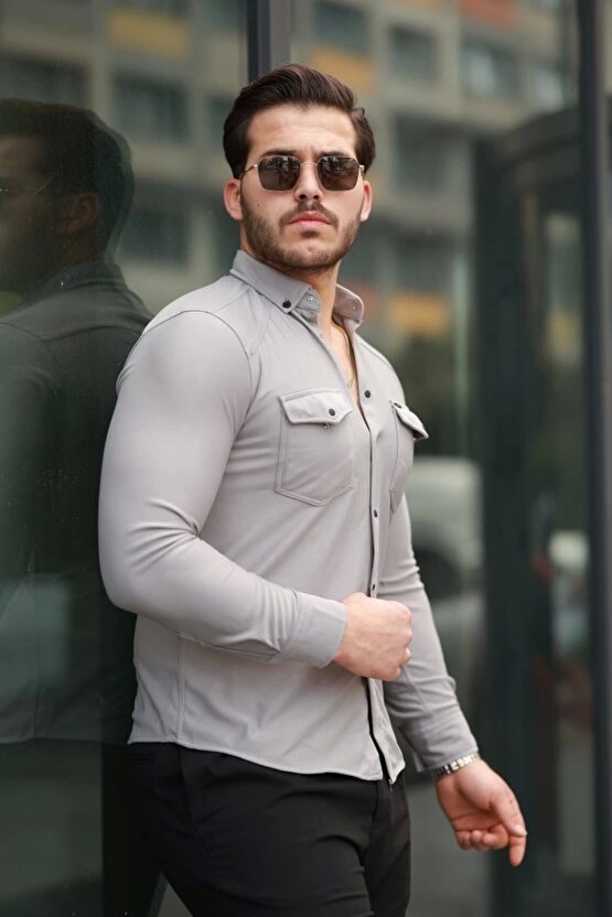 GACHA Erkek çift Cepli çıtçıt Düğmeli Uzun Kollu Gömlek