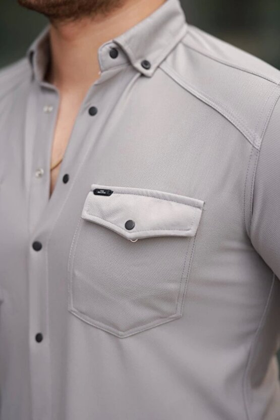 GACHA Erkek çift Cepli çıtçıt Düğmeli Uzun Kollu Gömlek