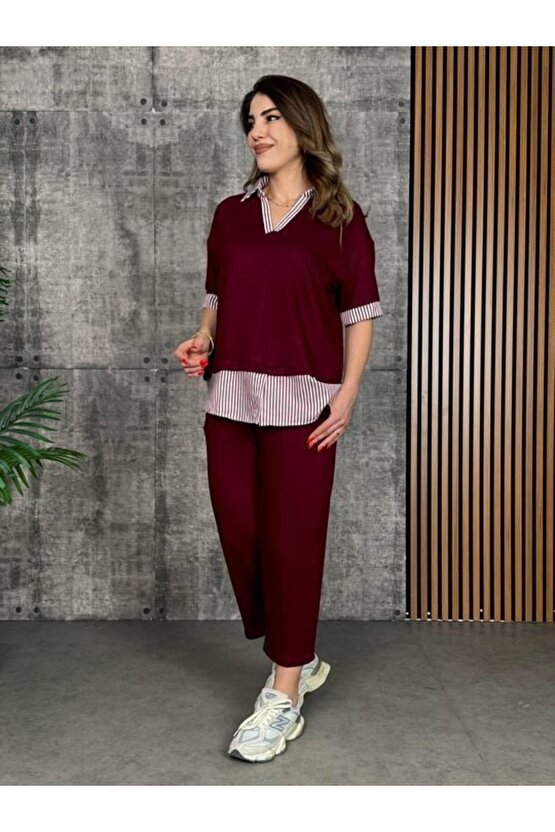 Edolika Kadın Modal Kumaş çizgili Gömlek Yaka Ikili Takım