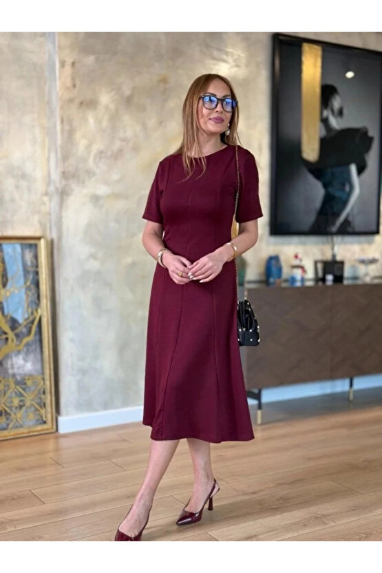 MDB Kadın Kısa Kollu Bisiklet Yaka Midi Viskon Iki Iplik Elbise
