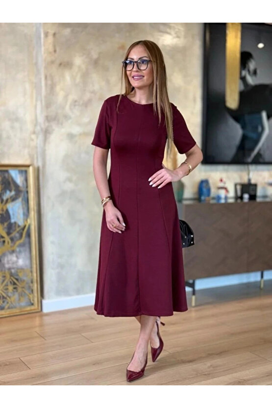 MDB Kadın Kısa Kollu Bisiklet Yaka Midi Viskon Iki Iplik Elbise