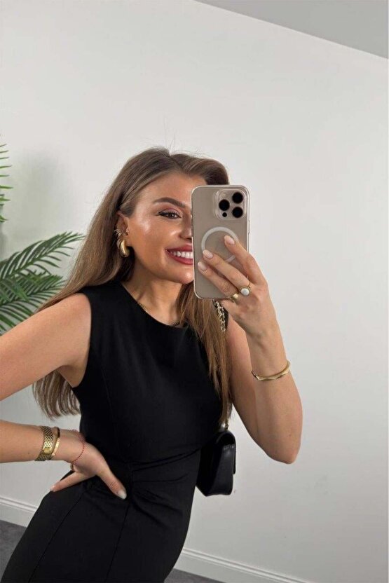 Kadın Askılı Kolsuz Belden Büzgülü Yırtmaçlı Midi Janjan Krep Elbise