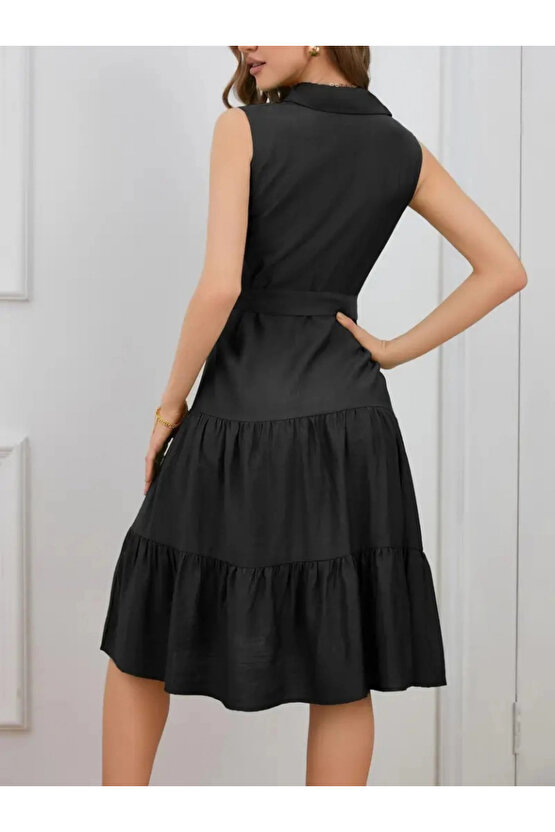 Kadın Kısa Kollu Gömlek Yaka Düğmeli Beli Kuşaklı Katlı Dokuma Midi Elbise