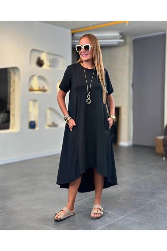 Kadın Kısa Kollu Bisiklet Yaka Asimetrik Kesim ön Viskon Arkası Trikoton Elbise