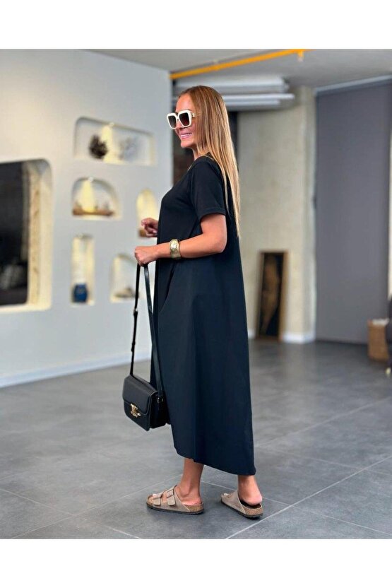 Kadın Kısa Kollu Bisiklet Yaka Asimetrik Kesim ön Viskon Arkası Trikoton Elbise