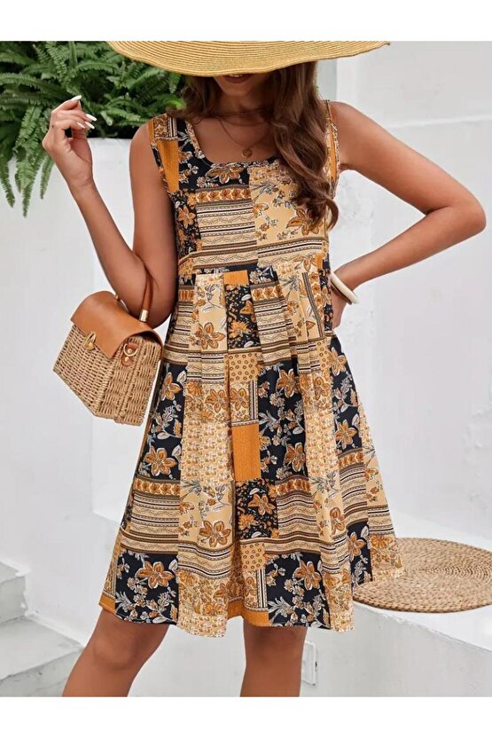 Kadın Sıfır Kol Yuvarlak Yaka çiçek Desenli Süprem Elbise