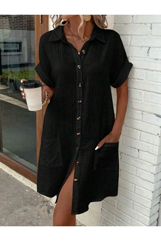 Kadın Kısa Kollu Bisiklet Yaka Yandan Yırtmaçlı Viskon Midi Elbise